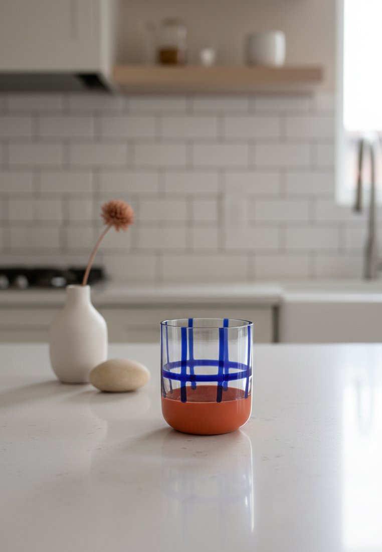 Przezroczysta szklanka z niebieskim wzorem kratki, częściowo wypełniona pomarańczowym płynem, na białym blacie kuchennym, obok suszony kwiat w białym wazonie i kamień.
