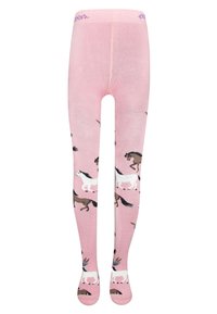 Rosa Strumpfhosen mit einem Muster aus galoppierenden Pferden in Braun und Weiß, mit einer weichen Textur und einer bequemen Passform. Elastischer Bund oben.