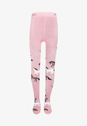 Collant rosa con un motivo di cavalli al galoppo in marrone e bianco, con una texture morbida e una vestibilità confortevole. Vita elastica nella parte superiore.