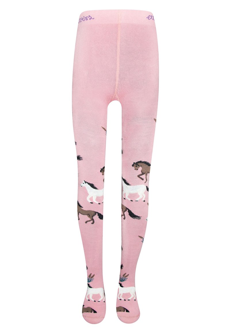 Rosa Strumpfhosen mit einem Muster aus galoppierenden Pferden in Braun und Weiß, mit einer weichen Textur und einer bequemen Passform. Elastischer Bund oben.