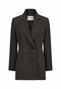 Dubbelborstige bruine blazer met een opstaande kraag, twee voorzakken en zwarte knopen. Glad textuur en een getailleerde pasvorm.