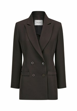 Dunkelbrauner, doppelreihiger Blazer mit Reverskragen, zwei Vordertaschen und schwarzen Knöpfen. Glatte Textur und taillierte Passform.