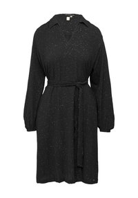 Schwarzes Kleid mit V-Ausschnitt, langen Puffärmeln, tailliertem Bund und gesprenkelt silbernen Details im gesamten Stoff. Hergestellt aus leichtem Material.