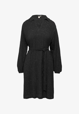 Schwarzes Kleid mit V-Ausschnitt, langen Puffärmeln, tailliertem Bund und gesprenkelt silbernen Details im gesamten Stoff. Hergestellt aus leichtem Material.