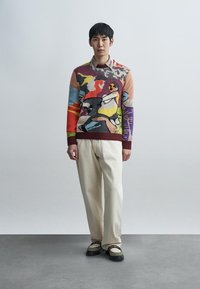 Pull en laine multicolore avec des motifs abstraits. Présente un col rond et des poignets côtelés. Associé à un pantalon de couleur claire et des chaussures épaisses.