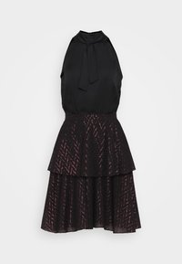 Svart halterneck-klänning med en knytbjörn, som har en lager-skirt med ett zigzag-mönster i mörka och rosatoner. Strukturerad tyg.