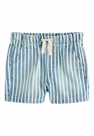 Denim shorts with a blue and white vertical stripe pattern, elastic waistband with drawstring, and side pockets. Casual and lightweight design.