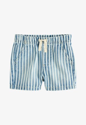 Džínové šortky s modrobielym vertikálnym pruhovaným vzorom, s elastickým pásom sťahovaným šnúrkou a bočnými vreckami. Neformálny a ľahký dizajn.
