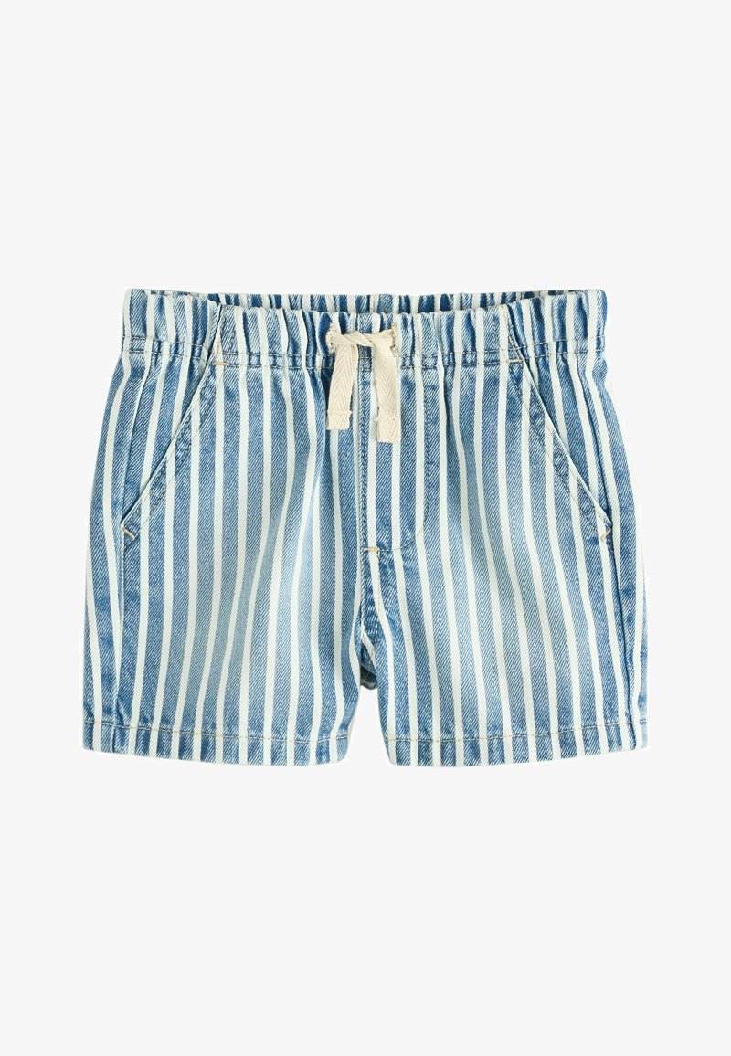 Džinsiniai šortai su mėlyna ir balta vertikalia dryželių raštu, elastinga juosmens juosta su raišteliu ir šoninėmis kišenėmis. Kasdieniam dėvėjimui ir lengvas dizainas.