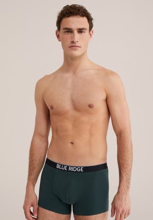 Uomo senza maglietta con capelli corti e ricci che indossa boxer Blue Ridge verde scuro, in piedi davanti a uno sfondo beige uniforme.