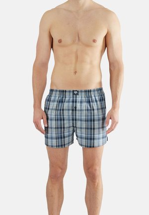 Kariert Baumwollboxershorts in Blau- und Grautönen, mit einem elastischen Bund und einem einzelnen Knopfverschluss. Weiche Textur und lockere Passform.