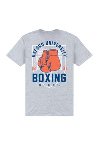 Grå bomulds-t-shirt med et grafisk design med orange boksehandsker, "OXFORD UNIVERSITY" og "BOXING BLUES" i marineblå.