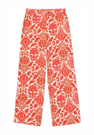 Pantalones de pierna ancha con estampado que presentan un diseño floral en rojo, rosa y blanco, con una cinturilla elástica y una textura de tejido suave.