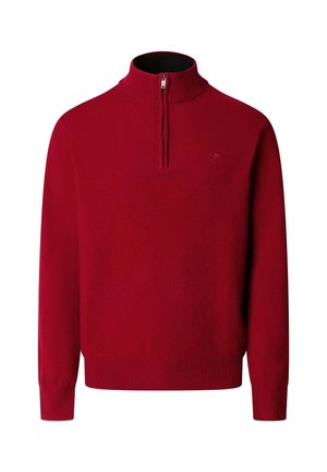 Červený pletený svetr s polovičním zipem na krku, žebrovanými manžetami a dolním lemem. Vyrobeno z měkkého materiálu s hladkou texturou a minimálním detailem loga.