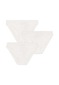 Tre paia di mutande di cotone bianche con una superficie liscia, con un taglio bikini classico e bordi cuciti. Nessun motivo o decorazione visibili.