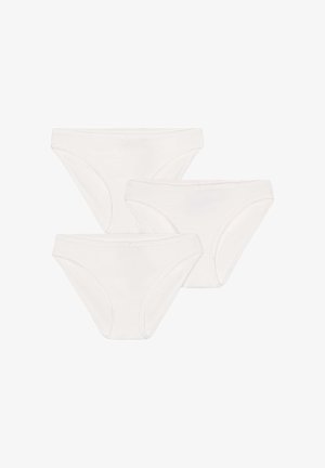 Drie paar witte katoenen slips met een gladde textuur, met een klassieke bikini-snede en gestikte randen. Geen zichtbare patronen of versieringen.
