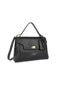 Sac en cuir noir avec un design structuré, une poignee supérieure, une sangle d'épaule amovible, des accessoires en métal doré et une poche à rabat à l'avant.