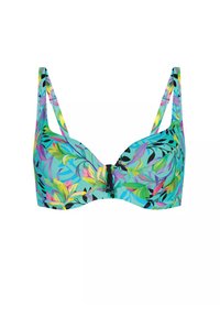 Kwiatowy biustonosz bikini w kolorze turkusowym, zdobiony wielokolorowymi wzorami liści, z regulowanymi ramiączkami oraz centralnym dekoracyjnym węzłem.