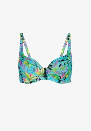 Kwiatowy biustonosz bikini w kolorze turkusowym, zdobiony wielokolorowymi wzorami liści, z regulowanymi ramiączkami oraz centralnym dekoracyjnym węzłem.