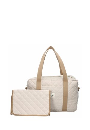 Gequiltede beige stof tas met tan handvatten en een kleine bijpassende pouch. Kenmerkt zich door diagonale stitching en een afneembare schouderriem.