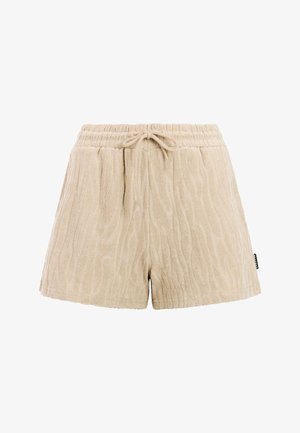 Beige badstof shorts met een getextureerd golfpatroon, voorzien van een elastische tailleband en een koord aan de voorkant voor een verstelbare pasvorm.