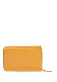 Yellow leather wallet with a smooth texture, rectangular shape, and a zipper closure, featuring neat stitching and a pull tab.