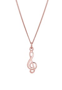 Collana a catena fine con pendente a forma di nota musicale in oro rosa, caratterizzata da un design a chiave di violino con superfici lisce e lucide e chiusura a moschettone.