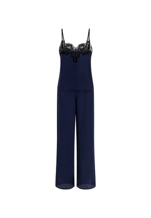 Granatowy satynowy zestaw piżamowy z szerokimi spodniami i koszulką z koronkowym wykończeniem, z delikatnymi wzorami kwiatowymi.