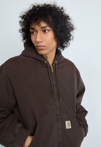 Felpa zip in marrone con cappuccio, tasche frontali e dettagli in oro. Presenta un logo ricamato nell'area della tasca inferiore. Il tessuto appare morbido.