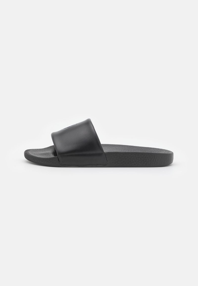 Sandale slide noire avec une seule large bride et une semelle texturée, présentée de profil sur un fond blanc uni.