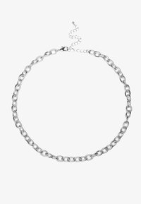 Collier en chaîne argentée avec de grands maillons ovales, un fermoir mousqueton et une section de chaîne réglable pour plus de flexibilité en termes de taille.