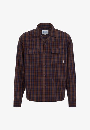 Braun-blau-kariertes Hemd zum Knöpfen mit langen Ärmeln, zwei Brusttaschen mit Klappen und einem Blue Ridge-Label innen am Kragen.