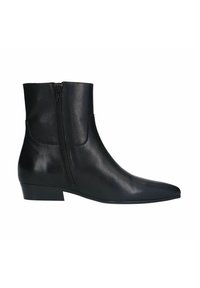 Schwarze Lederstiefeletten mit spitzer Zehe und niedrigem Blockabsatz. Verfügt über einen seitlichen Reißverschluss für einfaches An- und Ausziehen und eine glatte Textur.