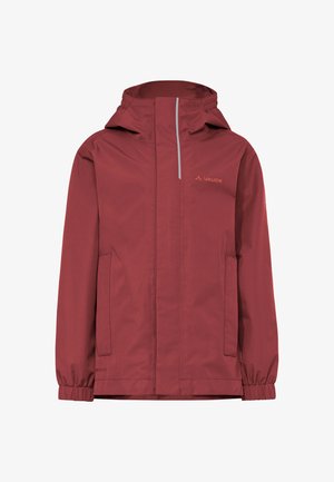 Rode waterdichte jas met capuchon, voorzien van een ritssluiting aan de voorkant, elastische manchetten, twee zijzakken en het VAUDE-logo op de borst.