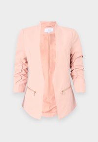 Helles rosa Blazer mit modernem Schnitt, ausgestattet mit einem Mandarin-Kragen, gerafften Ärmeln und zwei zipfbaren Fronttaschen. Glatte Stofftextur.