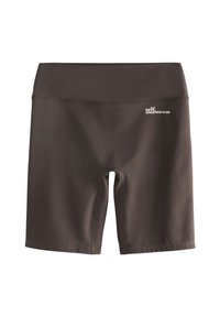 Barna sport rövidnadrág rugalmas anyagból. Magas derékrész és bal oldalon egy kis fehér logó található. Simább textúrájú, térdig érő fazon.