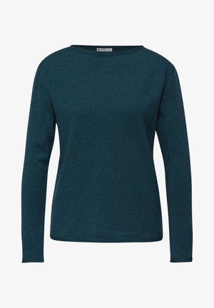 Türkisblaue langärmelige Strickjacke mit einer gerippten Textur und einem runden Ausschnitt. Verfügt über eine lockere Passform und klare, einfache Linien. Keine Verzierungen.