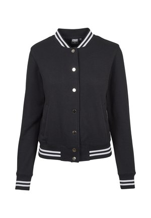 Čierna varsity bunda s bielymi pruhovanými rebrovanými golierom, manžetami a pásom, prednými drukmi a dvoma bočnými vreckami.
