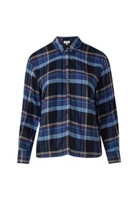Blue, black, and dark red plaid button-up shirt with long sleeves and a classic collar on a white background.