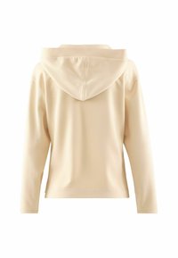 Beige hoodie met een grote, gestructureerde capuchon, lange mouwen en zijopeningen. Gladde textuur, minimalistisch ontwerp en geen zichtbare versieringen.