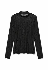 Zwarte lange mouw top gemaakt van doorzichtig materiaal met een gestructureerd golfpatroon en kleine hartaccenten overal. Hoge halslijn.