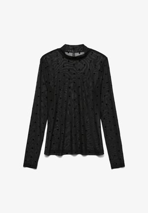 Sort langærmet top lavet af gennemsigtigt stof med et struktureret bølge-mønster og små hjerte-detaljer overalt. Høj krave.