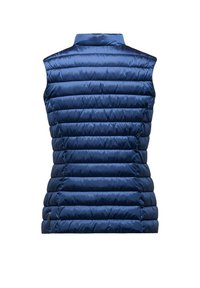 Marineblauwe donzen vest, gewatteerd ontwerp met horizontale strepen, hoge kraag en mouwloos. Gladde, reflecterende stof met zijaccenten.