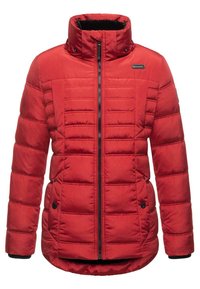 Rote gepolsterte Jacke mit hohem Kragen, Reißverschluss vorne und Druckknöpfen. Verfügt über gestickte Paneele und eine glatte, wasserabweisende Außenfläche.