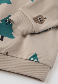 Kremi huppari, jossa on turkoosi puu- ja tammenterho-kuvio. Ribbatuut hihat tuovat tekstuuria; pehmeä kangas miellyttävällä pinnalla.