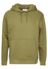 Felpa con cappuccio verde oliva con tasca frontale a canguro, cappuccio con cordino e polsini e orlo a coste, etichettata "Weekday" all'interno del colletto.