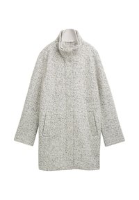 Manteau gris tacheté avec un col montant, des manches longues et des poches latérales. Fabriqué en tissu texturé, il présente une silhouette droite.