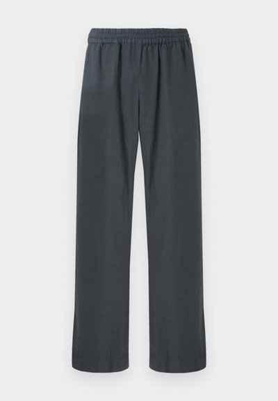 Gray, loose-fitting pants with an elastic waistband, straight legs, and soft texture. No visible patterns or hardware accents.