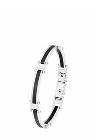 Bracciale in metallo con accenti in gomma nera alternati, caratterizzato da una finitura in argento lucido, maglie rettangolari e un design flessibile.
