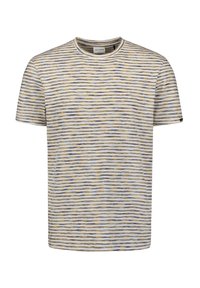 T-shirt à manches courtes en tissu doux, avec des rayures horizontales jaunes, bleues et blanches. Encolure classique et coupe décontractée.